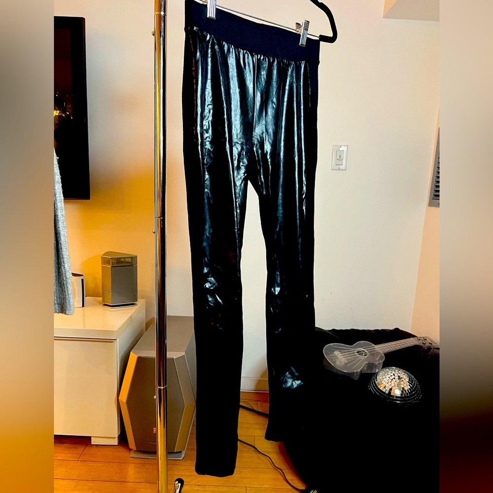 Black Leggings, patent shiny pleather front panel, jersey plain cotton back. S